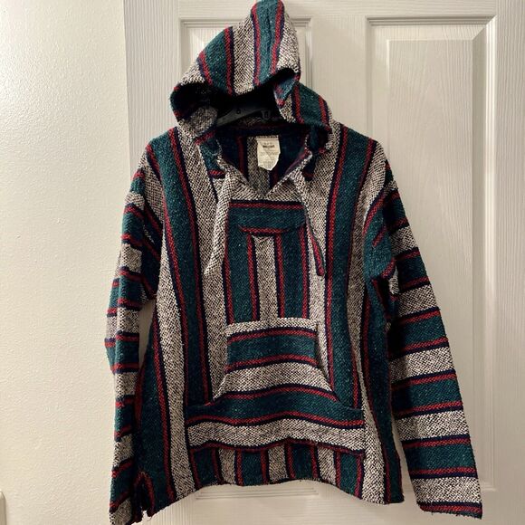 Vtg Baja Jacket L SDC Green Red Stripe Pullover Drug Rug Hoodie Skate Surfer Y2K - Picture 1 of 8